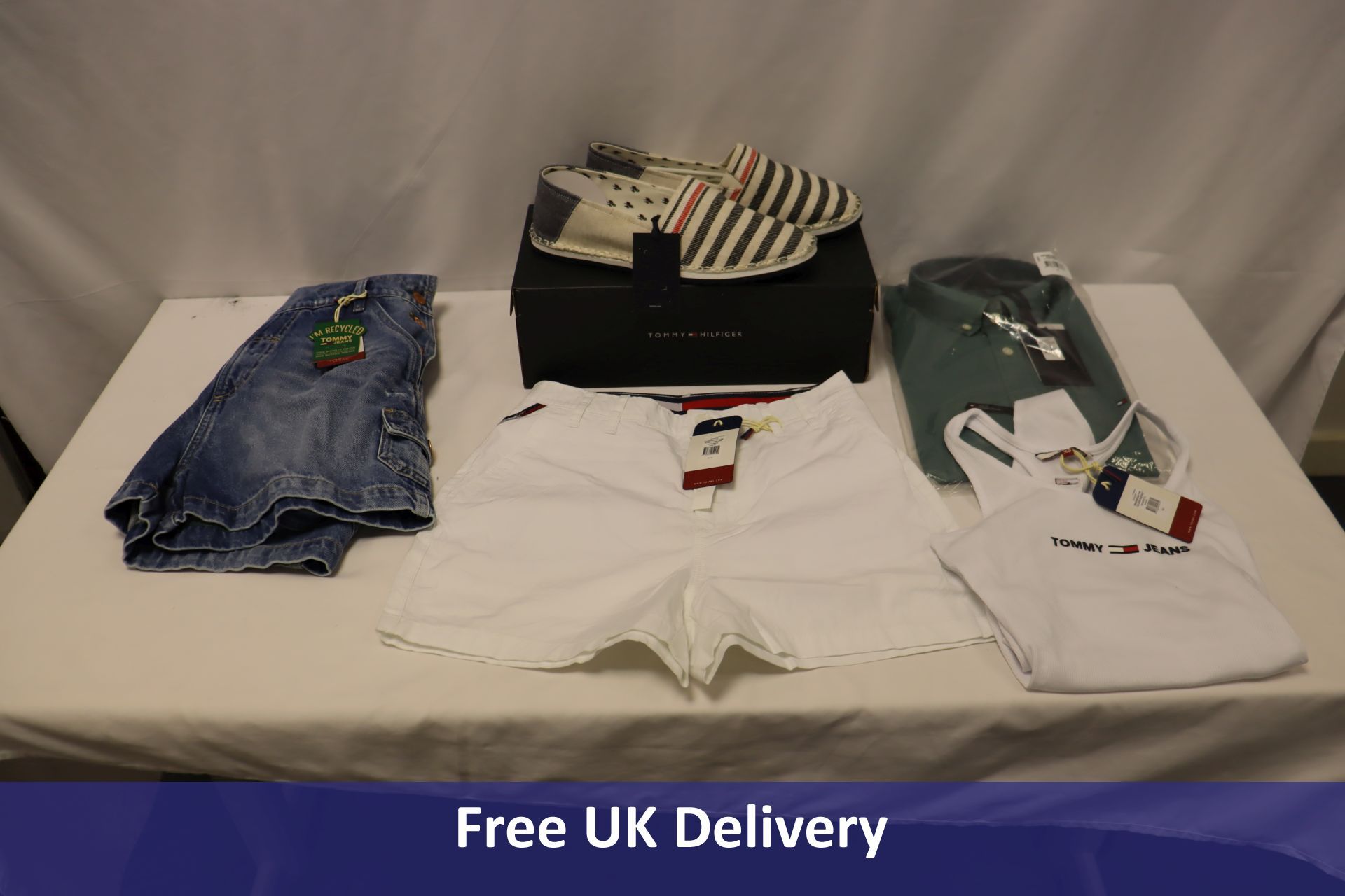 Five Tommy Hilfiger to include 1x Dungaree's Shorts, Size XS, 1x Vest Bodysuit, White, XS, 1x Chino