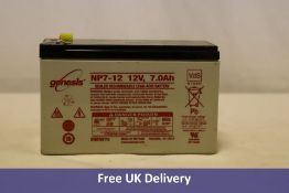 Five Genesis NP7-12 Sealed Rechargeable Lead Acid Batteries, 12v, 7.0Ah. Used, untested some Termina