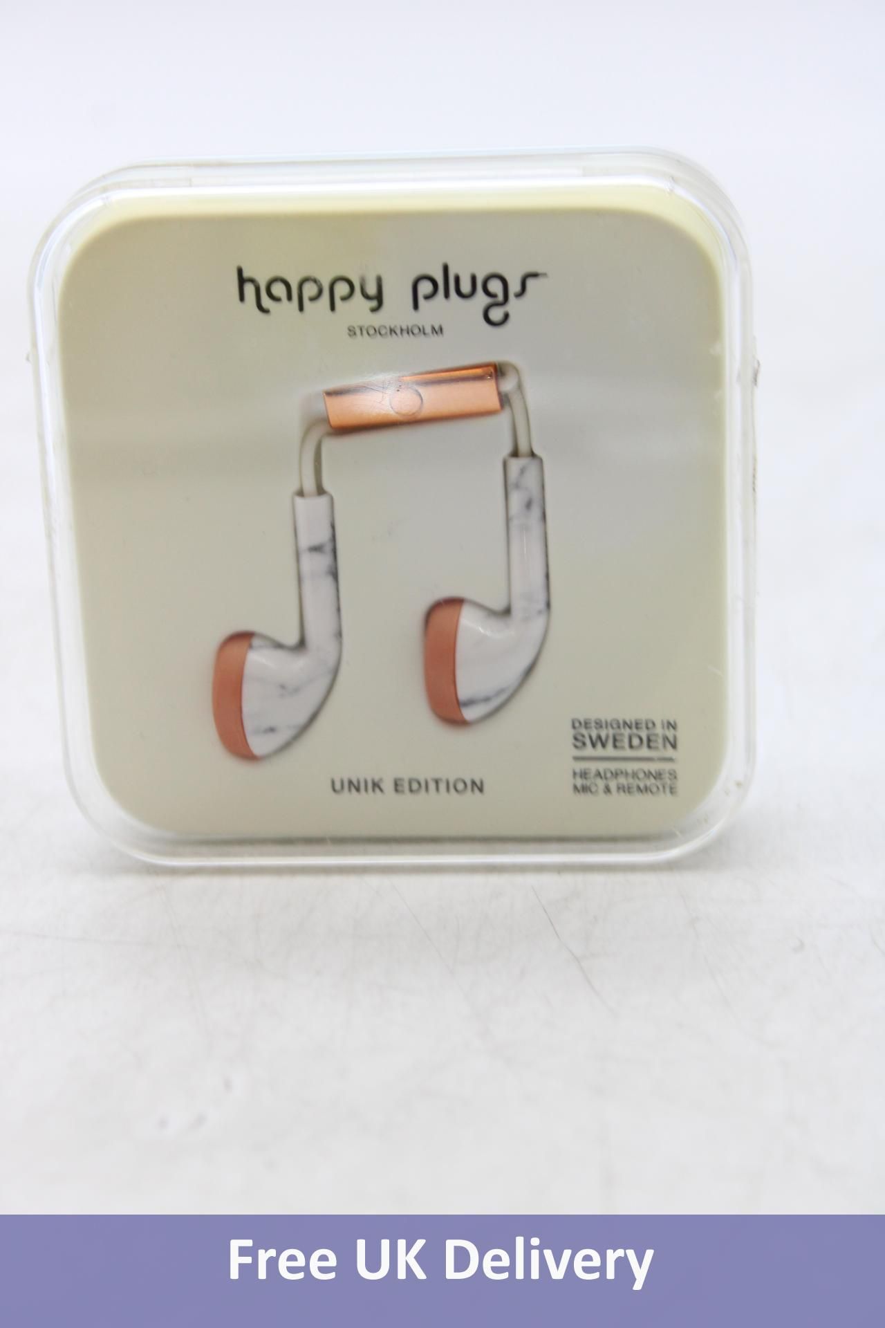 Three pairs of Happy Plugs Headphones, 1x Wireless 2, Matte Gold, 2x Headphones with Mic and Remote,