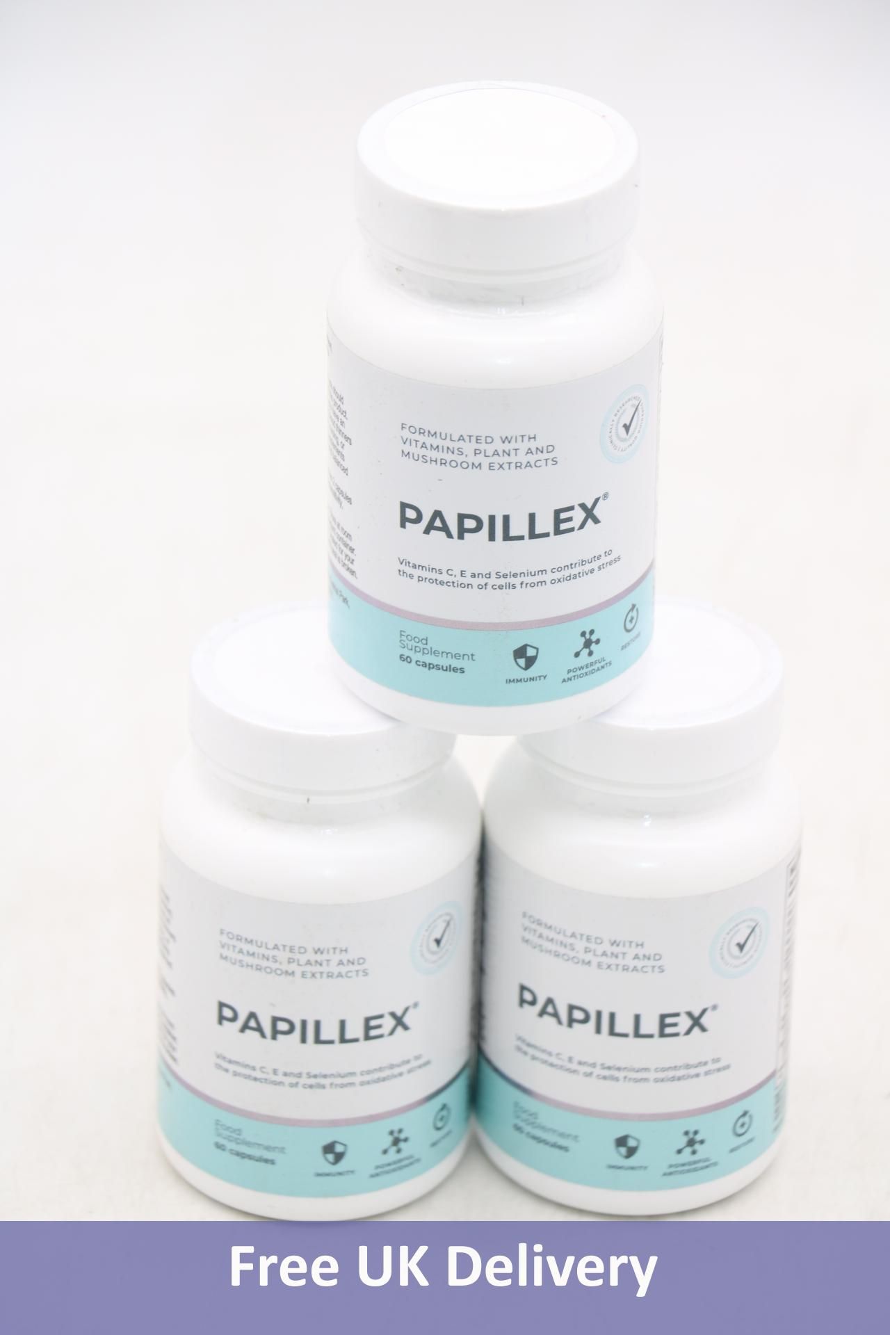 Six bottles of Papillex, All Natural Immune Support, Organic, 60 Capsules Per Bottle, Exp 08/24