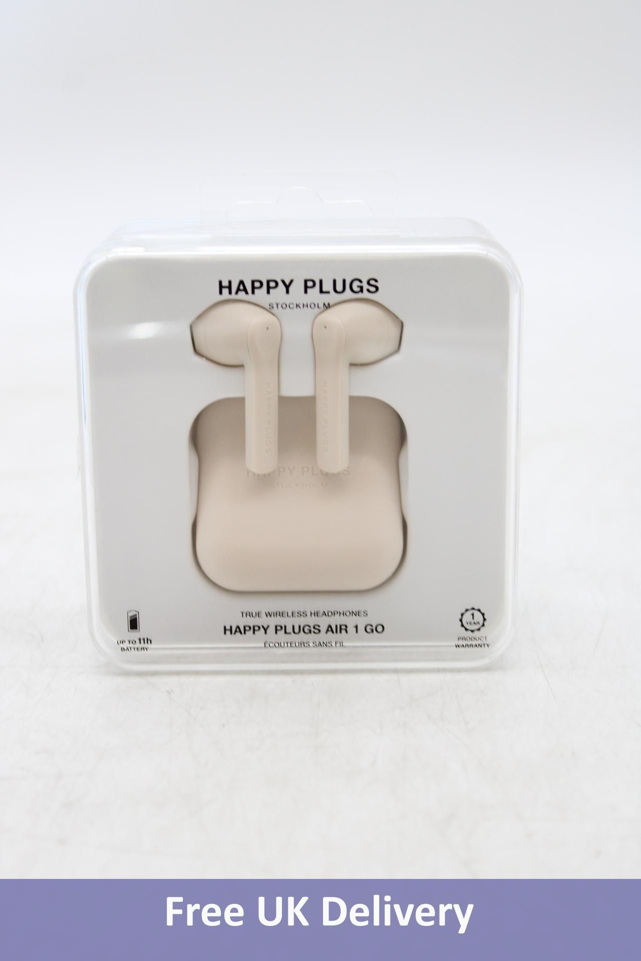 Two Happy Plugs Air1 Go In Ear True Wireless Bluetooth Earphones, 1x Peach, 1x Nude, Untested. Box d