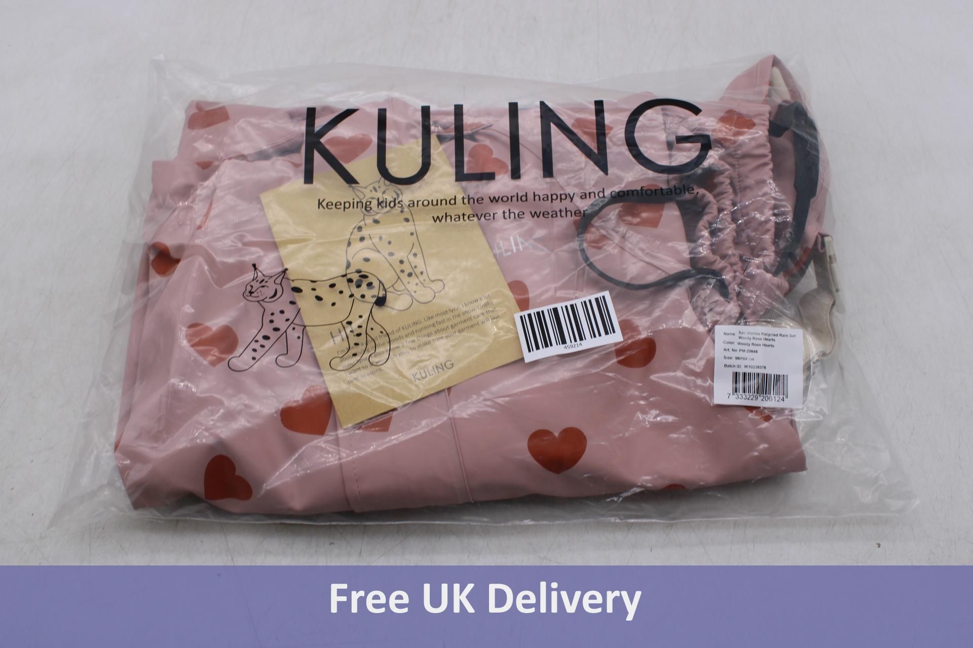 Kuling Kids San Marino Heart Printed Recycled Rain Set, Woody Rose, Size 98/104cm