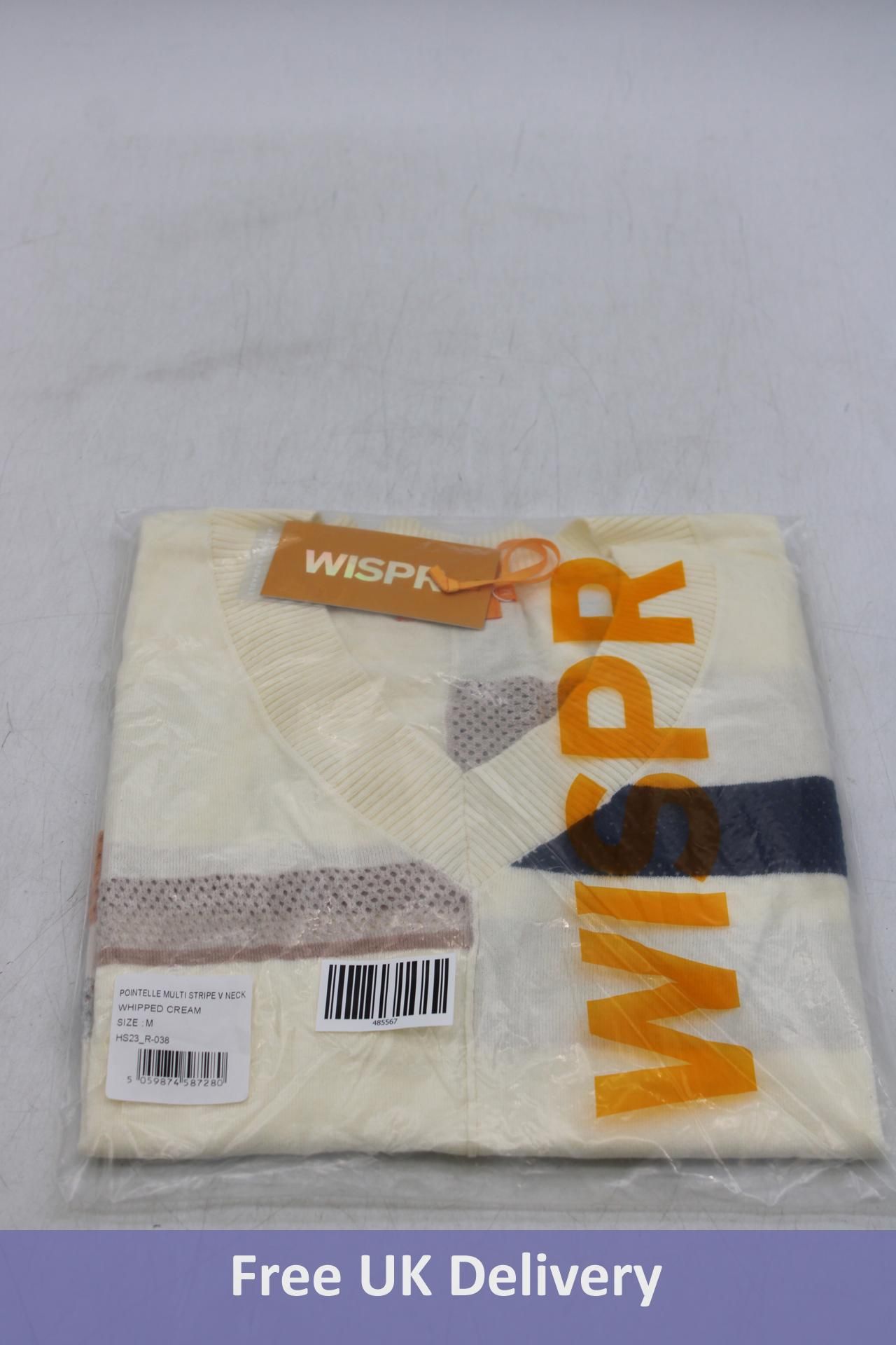 WISPR Pointelle Multi Stripe V Neck Top, Whipped Cream/Beige/Blue, Size M