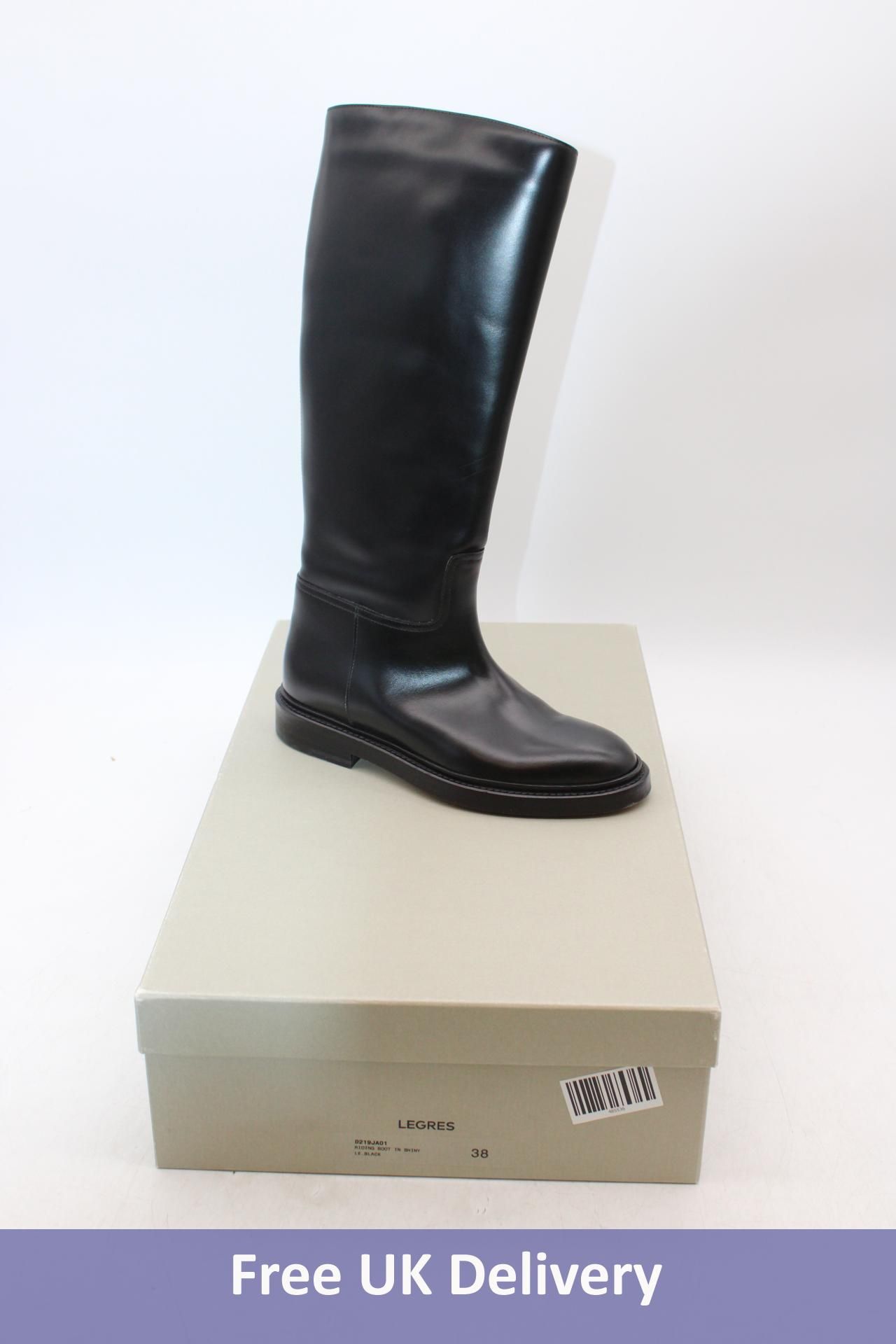 Legres Asymmetric Riding Boots, Shiny Black, Size 38, Some Marks to Uppers and Soles
