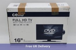 Cello Full HD TV with DVD Player, Black, Size 16". Box damaged, not checked