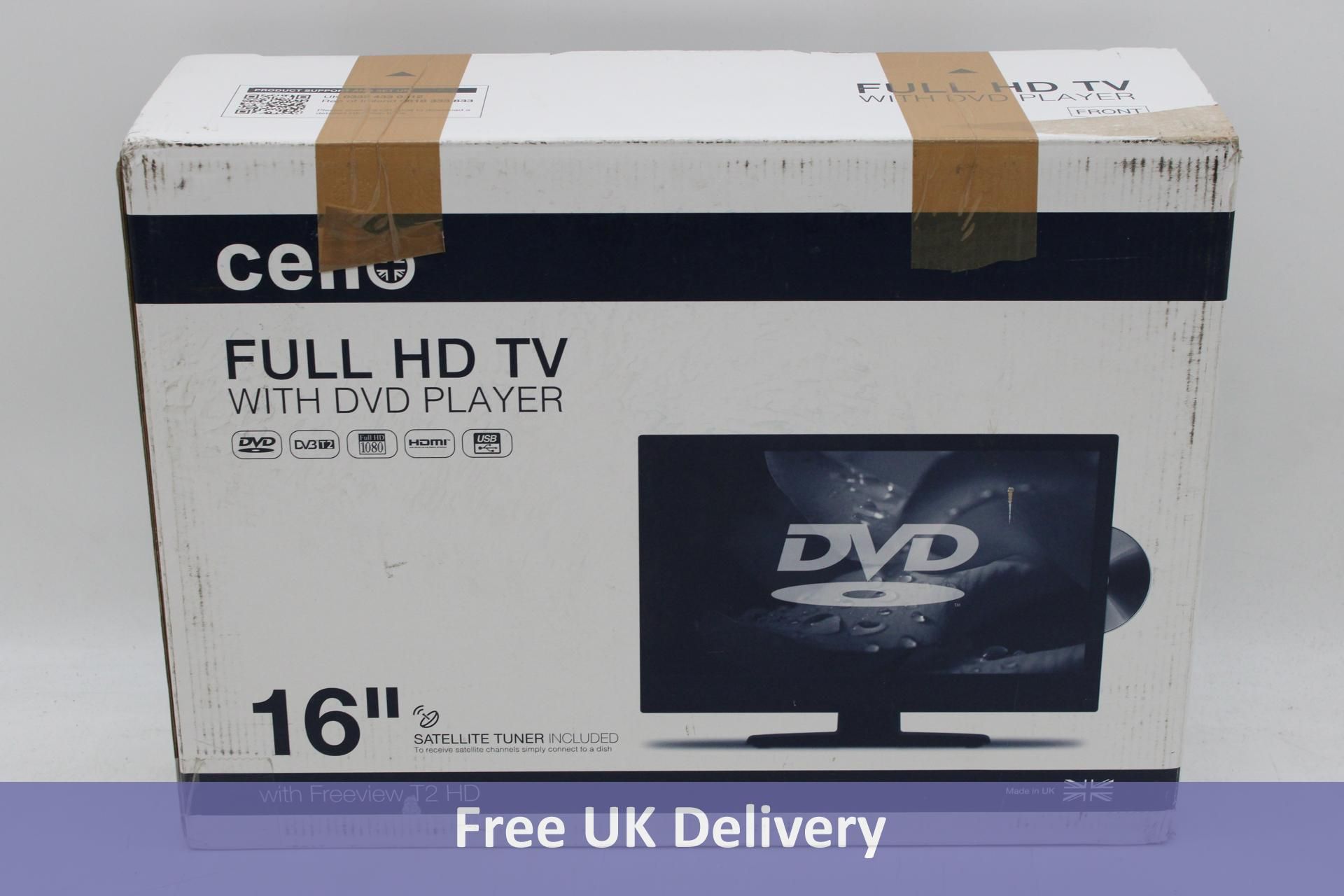 Cello Full HD TV with DVD Player, Black, Size 16". Box damaged, not checked