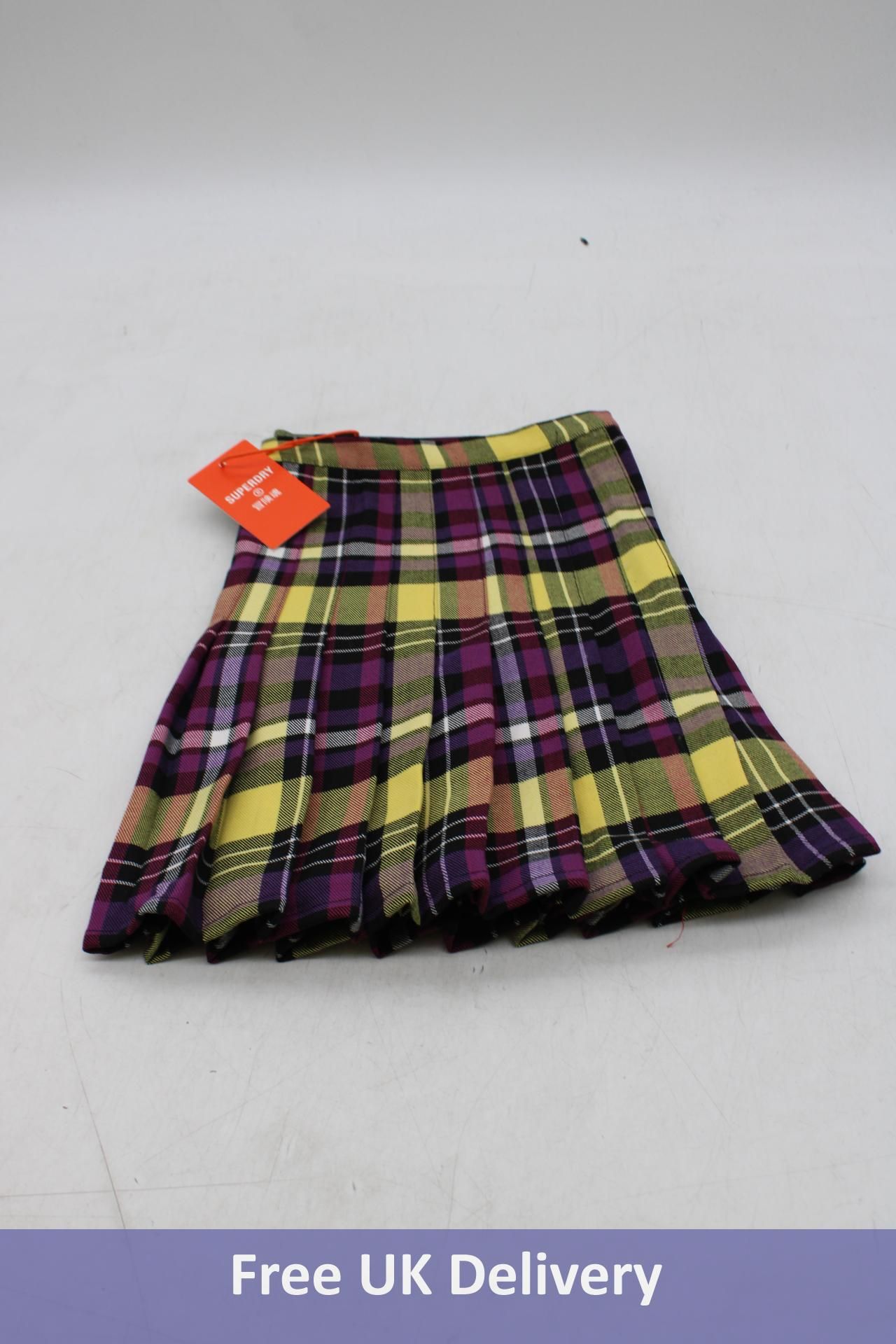 Superdry Mid Rise Check Mini Skirt, Yellow/Purple, Size S