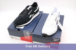 Two pairs Reebok Classic Leather Trainers to include 1x White/Black, UK 8, 1x Black/White/Fog, UK 10