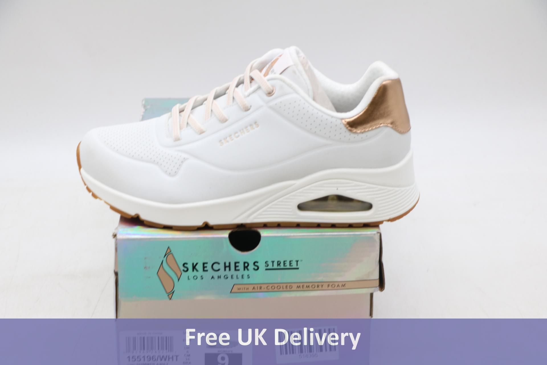 Skechers Womans UNO Shimmer Away Trainers, White, UK 6. Box damaged