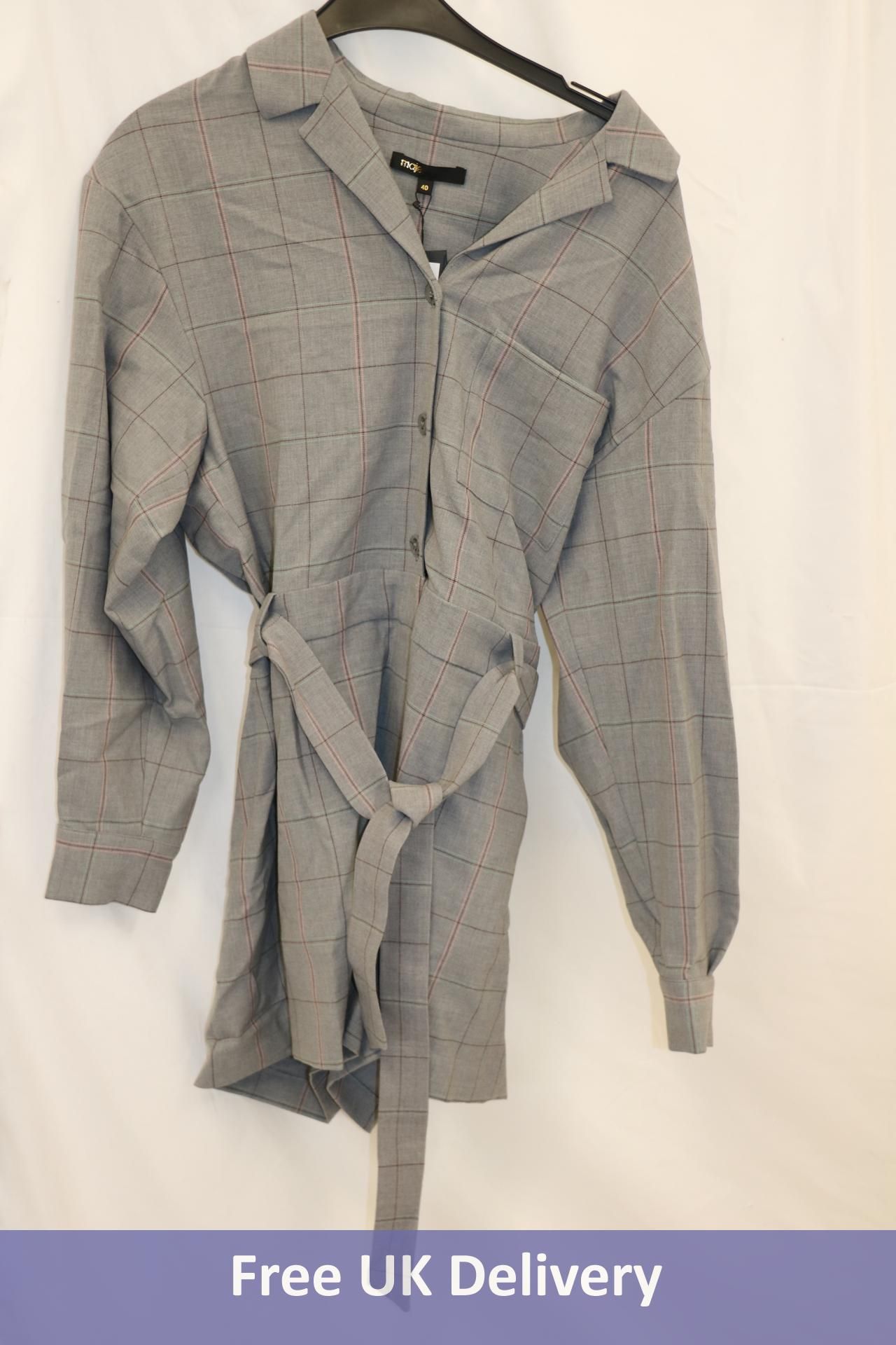 Maje Carreau Belted Checked Wool Blend Twill Jacket, Grey, EU 40