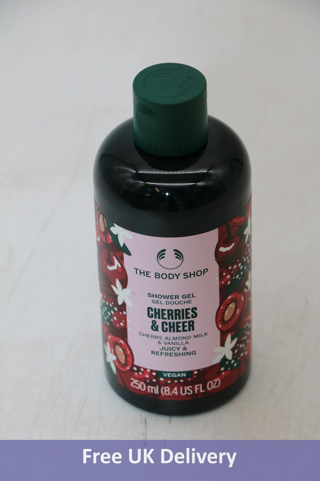 Six bottles of The Body Shop Cherries & Cheer Shower Gel, Purple, Size 250ml