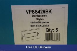 Two Deco Stainless Steel 2 Gang 6 In-Line Aperture Unfurnished Front Plates, Black Insert, VPSS426BK