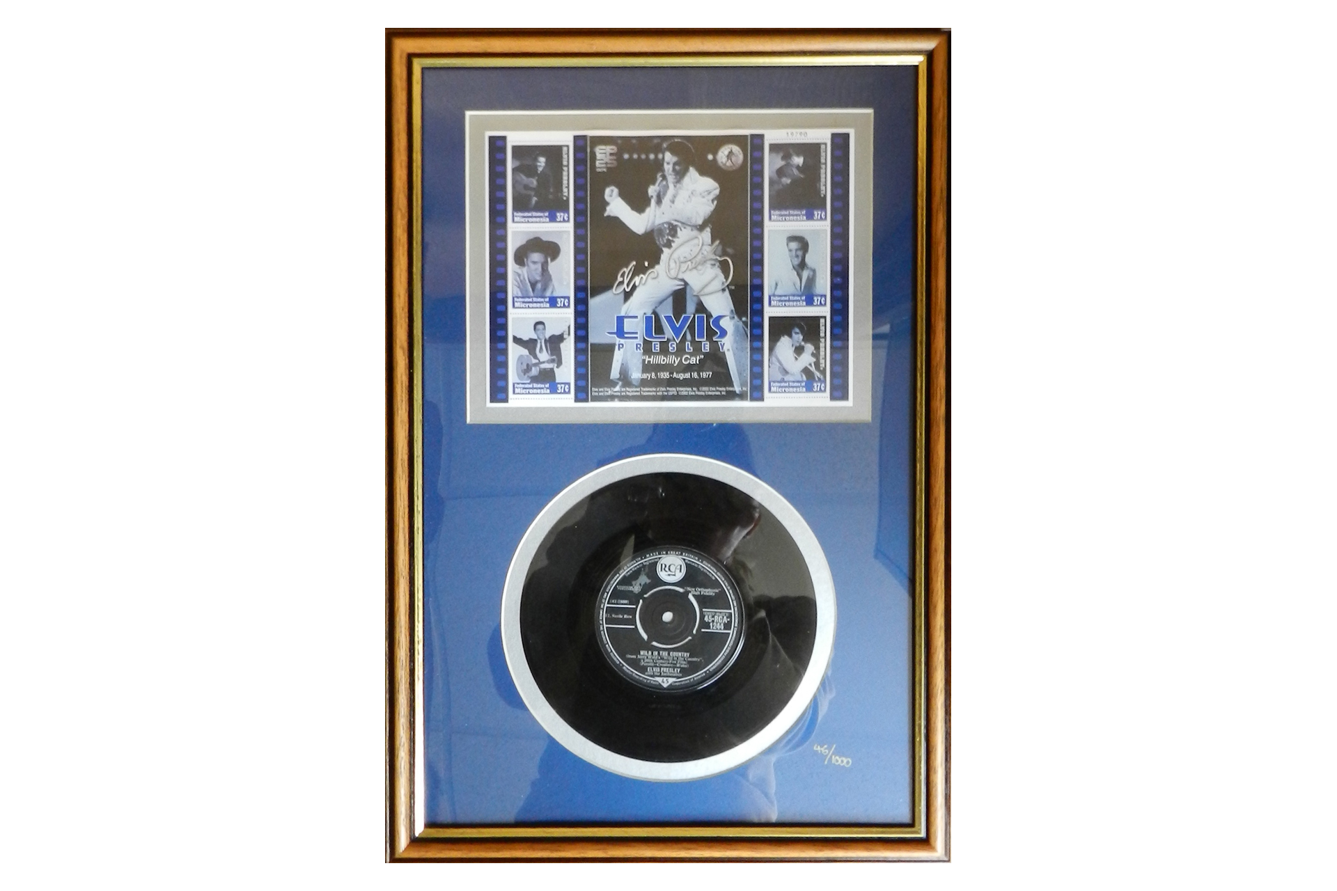 Elvis Presley framed stamp sheet and 7" vinyl