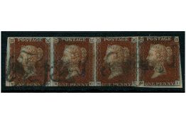 GB 1841 1d Red-brown, strip of 4 used with MX cancels. SG8