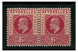 Seychelles 1903 6c Carmine, horiz pair displaying 'dented frame,' lightly mtd mint. SG48+a