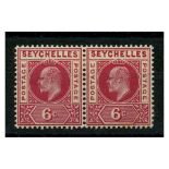 Seychelles 1903 6c Carmine, horiz pair displaying 'dented frame,' lightly mtd mint. SG48+a