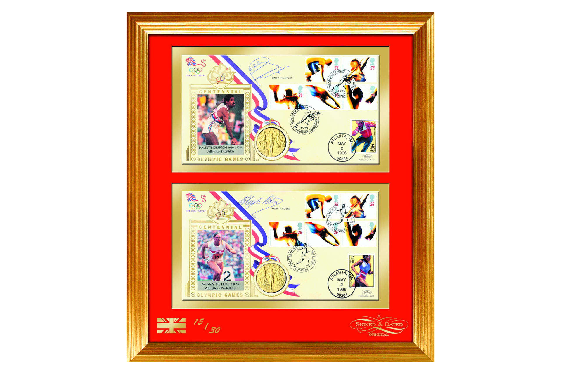 1996 Olympic Covers - Signed by Mary Peters and Daley Thompson - Framed