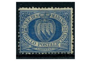 San Marino 1877-90 10c Ultramarine, fine mtd mint (large part own gum). SG3