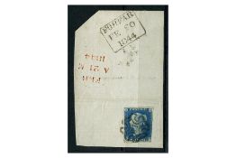 GB 1840 2d Blue, 2 margins, tied to attractive fragment with black MX cancel. SG5