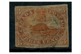 Canada 1852-57 3d Red, on thin paper, 4 margins, fine used. Closed tear not apparent. SG5