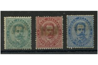 Italy 1879-82 5c, 10c, 25c Definitives, all mtd mint with hinge stains visible at front. SG catalogu