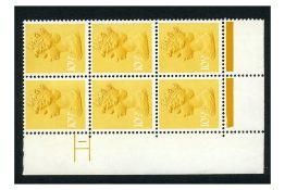 GB 1976 10-1/2p Yellow, AOP, cylinder 1 no dot pane of 6, u/m. Rare. SGX890