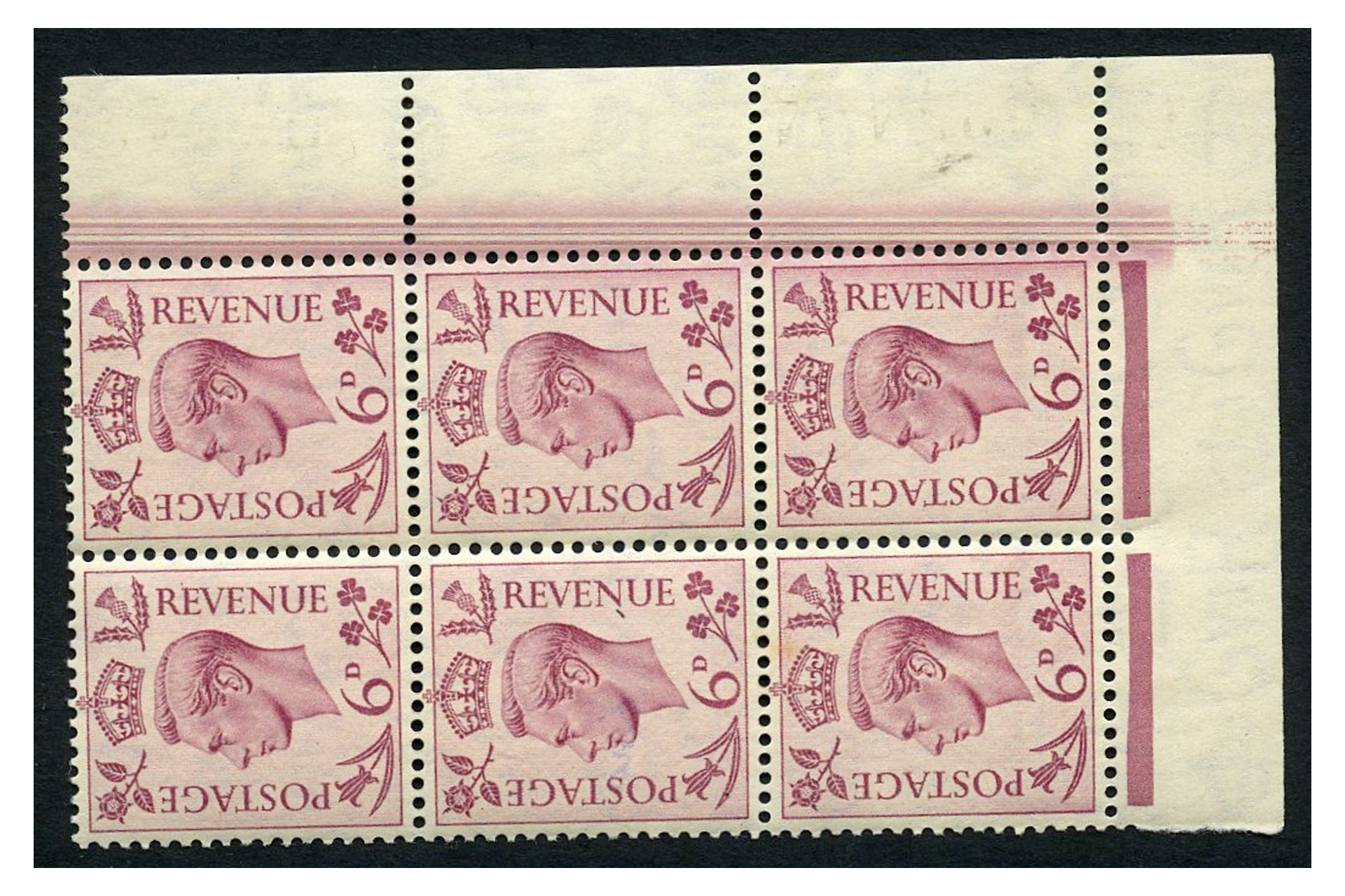 GB 1939-47 6d Purple, block of 6 with blade flaw visible in margin, u/m. SG470