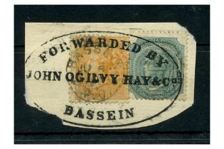 Burma 1867 4a (die I), 2a Indian defins, used on fragment with 'John Ogilvy Hay & Co' Bassein forwar