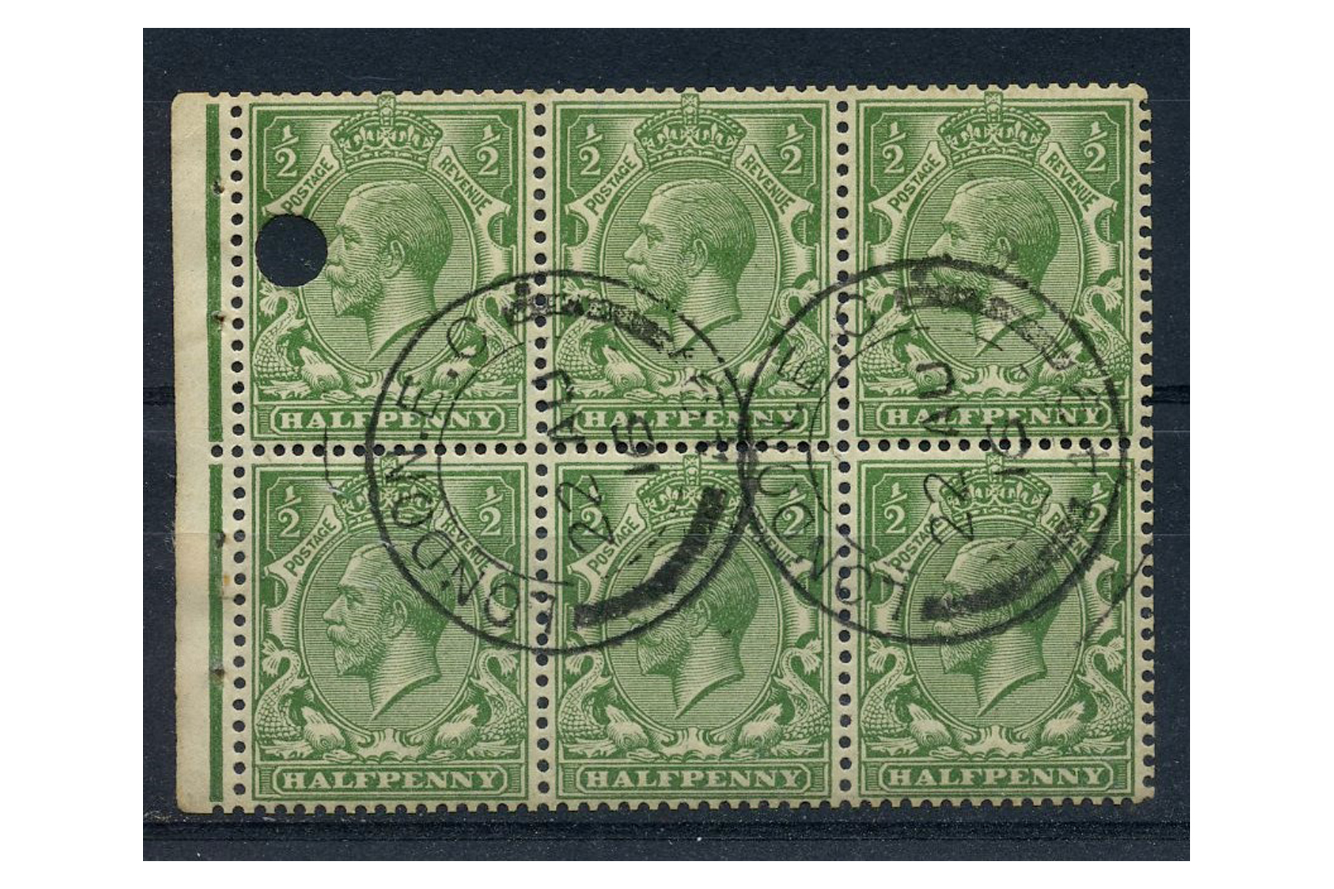 GB 1913 1/2d Booklet pane of 6, hole punched & cds used, NB6, type I, rare. SG351