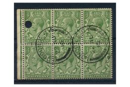 GB 1913 1/2d Booklet pane of 6, hole punched & cds used, NB6, type I, rare. SG351