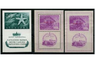 A trio of scarce mtd mint Trieste miniature sheets (Railways perf + imp, faulty & Exhibition), SG ca