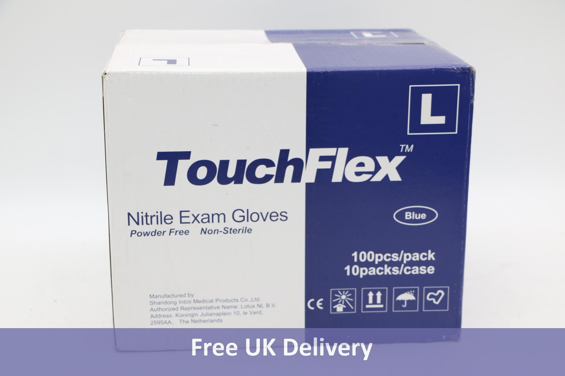 Ten packs of Touch Flex Nitrile Exam Gloves, Powder Free, Non Sterile, 100 Per Pack, Blue, Size L