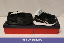 Two Reebok Energen Lite Trainers, 1x Black, 1x Black/White/Rose Gold, 1x UK 7.5, 1x UK 3. Boxes dama