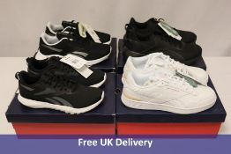 Four pairs of Reebok Trainers to include 1x Energylux 2, UK 5.5, 1x Court Advance Clip, UK 7, 1x Fle