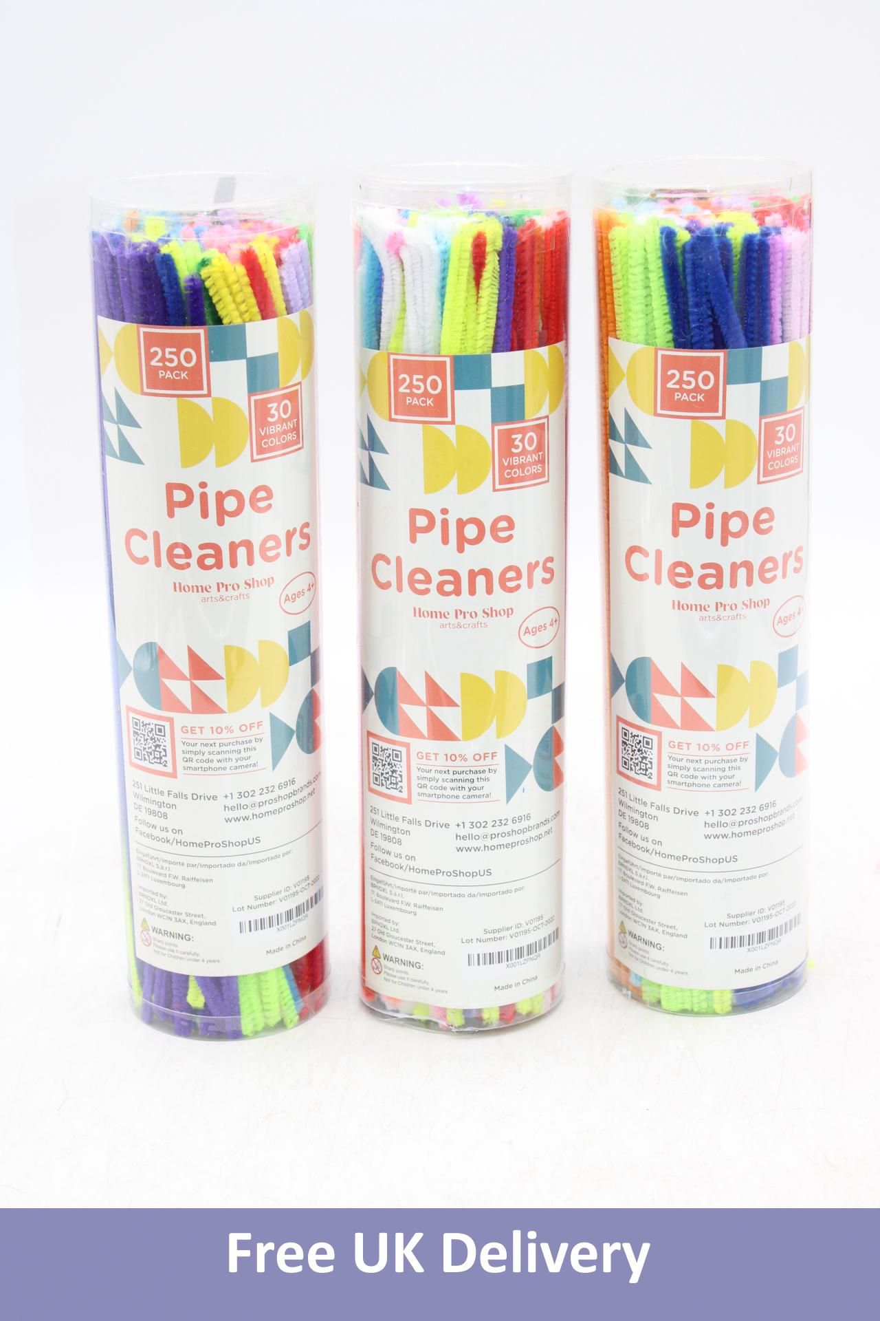 Twelve tubes of Home Pro Shop 250pc Pipe Cleaners for Crafts, 30 Colours, Soft Bristle, Flexible and