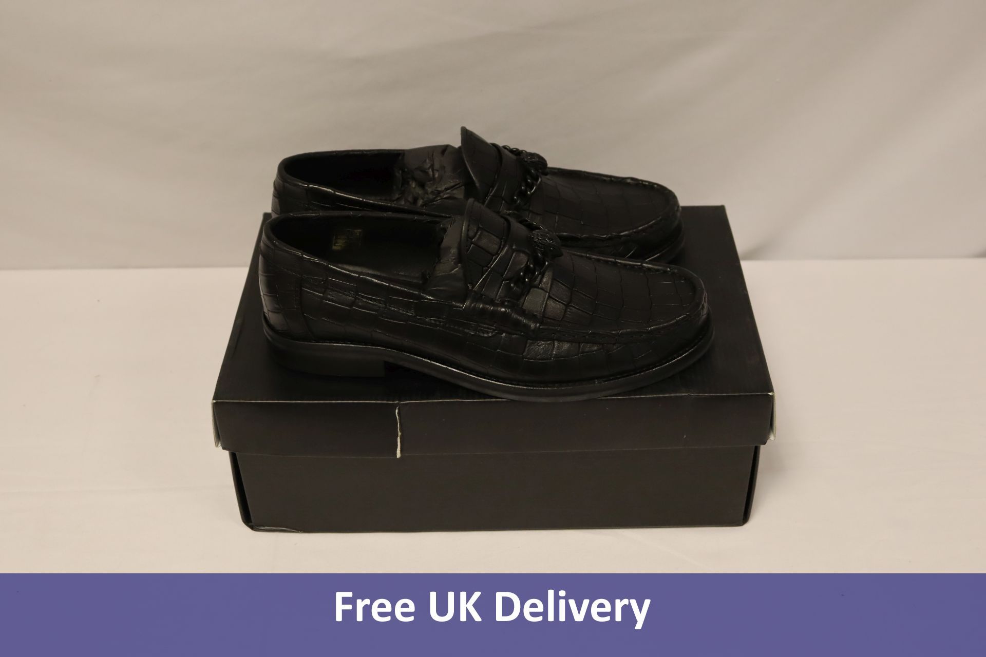 Kurt Geiger Vincent Leather Croc Print Chain Shoes, Black, EU 40. Box damaged