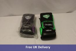 Ten Pairs Collateral Damej Muay Thai Boxing Gloves, 5x Green, 5x Purple, 4x Size 8, 6x Size 10