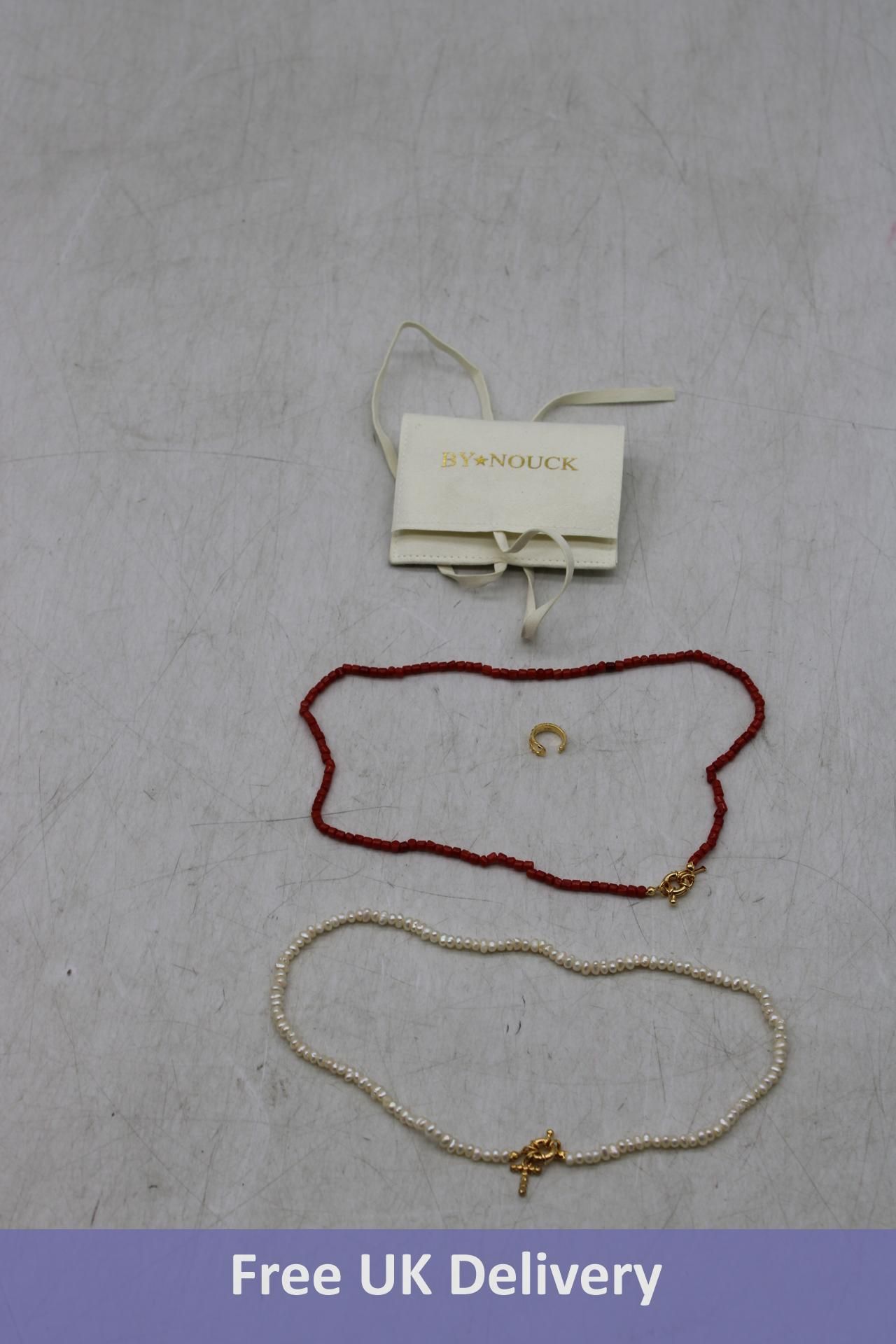 Three Pieces of By Nouck Jewellery to include 1x Ear Cuff 'Studs', 1x Glass Pearl Choker Necklace wi