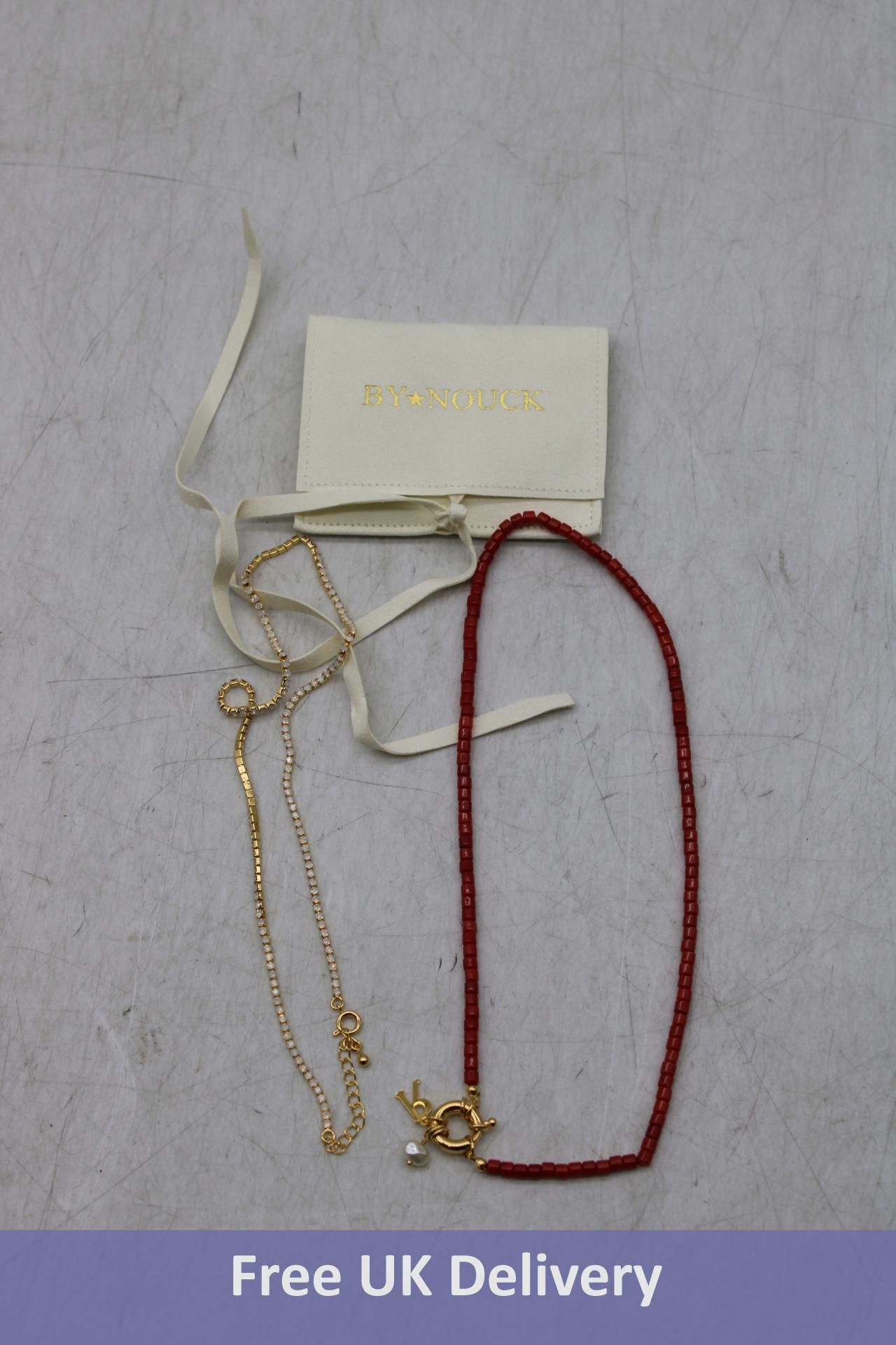 Two Pieces of By Nouck Jewellery to include 1x Milky Rhinestone Choker, 1x Red Cube Necklace with 'R