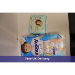 Four Packs of Nappies to include 2x Pampers Baby, Size 0-3 kg, 24 per pack, 2x Unicharm Moony Pants