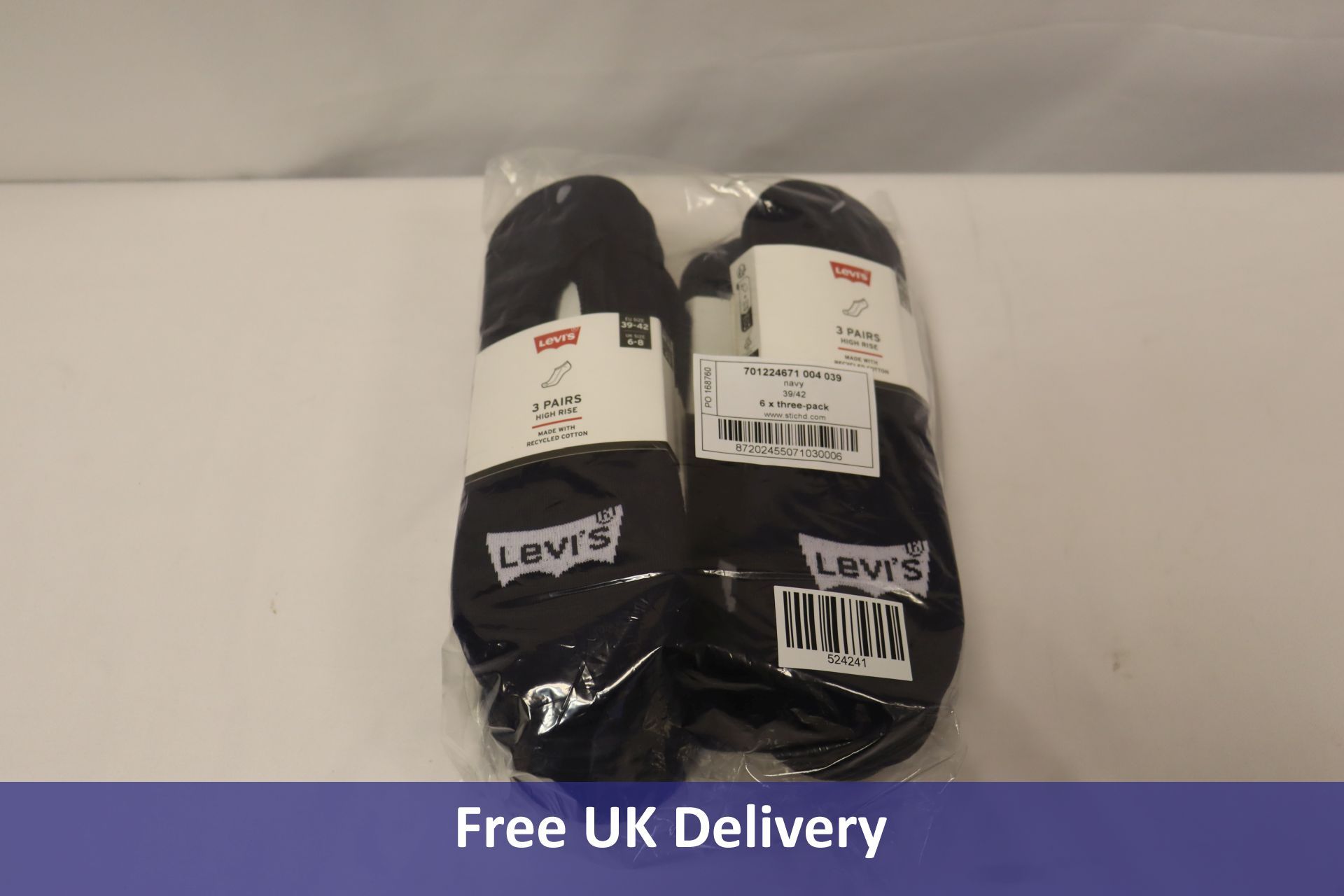 Six Levi's High Rise Batwing Logo Recyled Cotton Trainer Socks, 3 Pack, Navy, Size 6-8