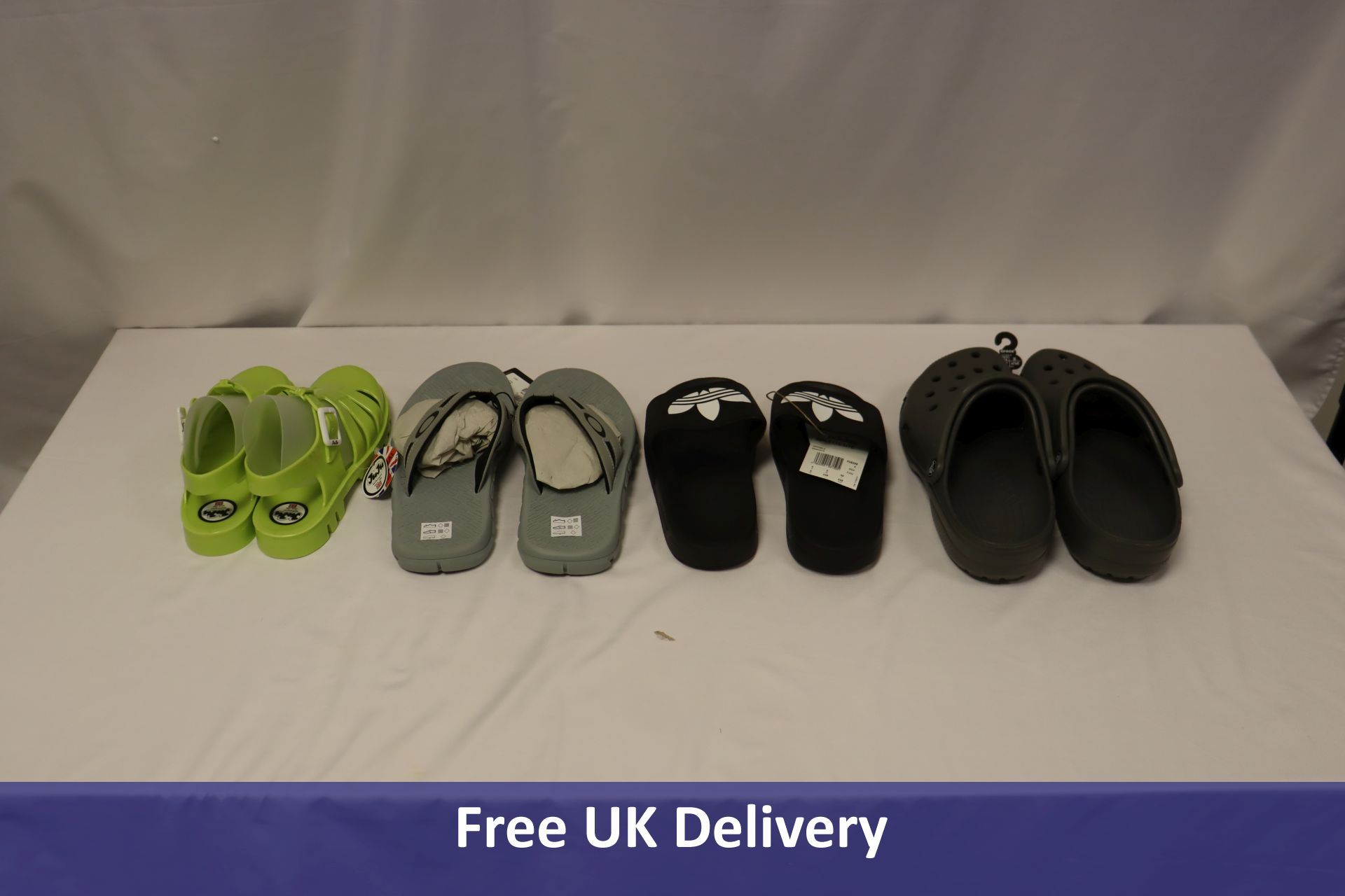 Four Pairs of Sandals to include 1x JuJu Women's Maxi Flat Jelly Sandals, Lime Green, UK 3, 1x Adida