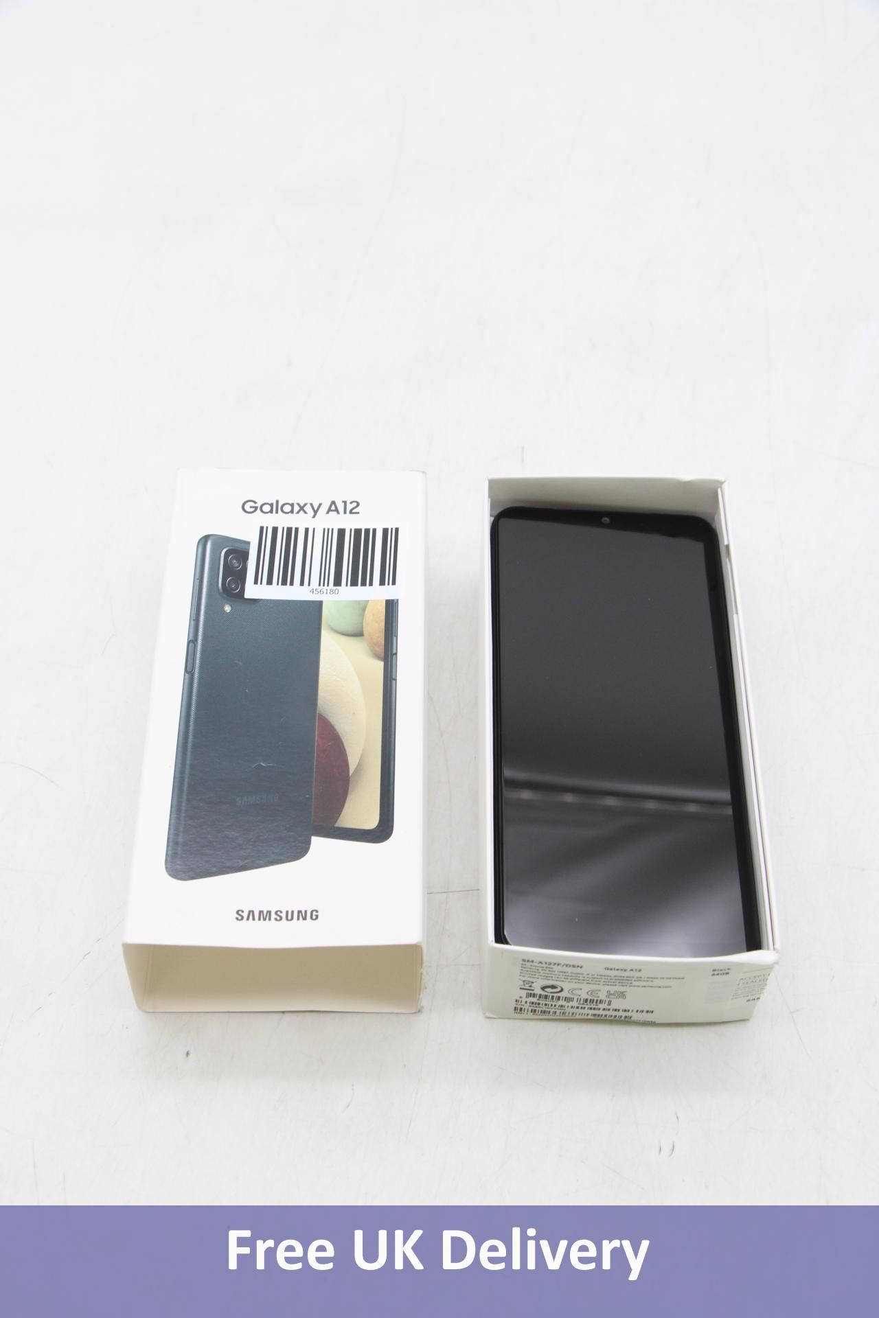 Samsung Galaxy A12, 4GB, 64GB, Black, SM-A127F/DSN. Used. No Accessories. Box damaged Checkmend clea