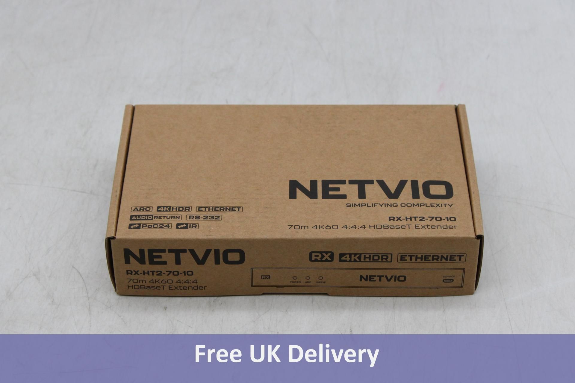 Netvio HDBaseT POC Receiver, 40M 4K/60 HDE, 100M 1080P, with Ethernet, Arc, 2-Way IR, RS-232, Black