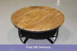 Wood-topped Brown Round Coffee Table with Black Metal Trim. Some small chips