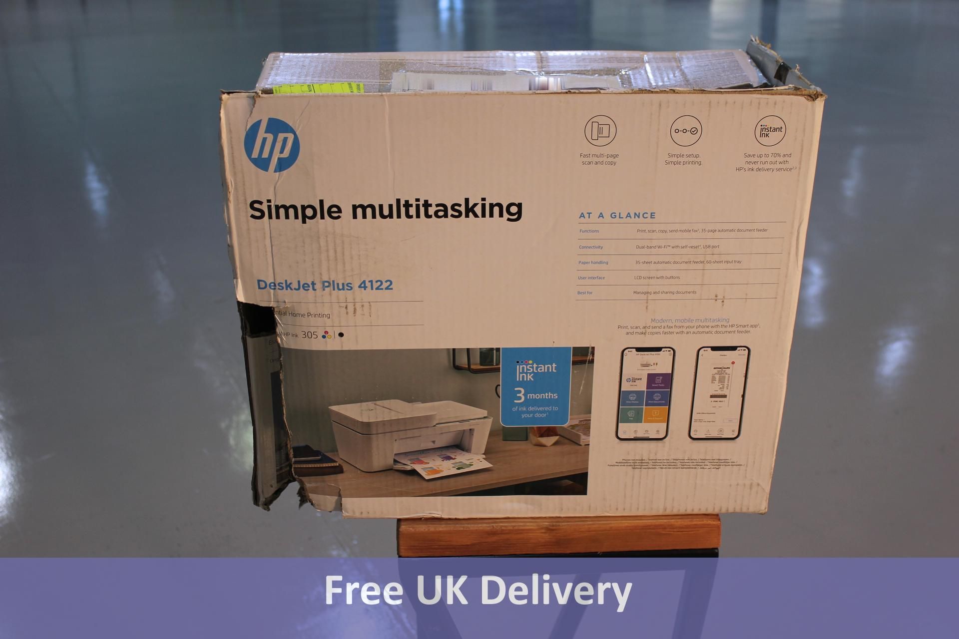 HP Simple Multi-tasking Deskjet Plus 4122 Printer. Used. Box damaged, no plug