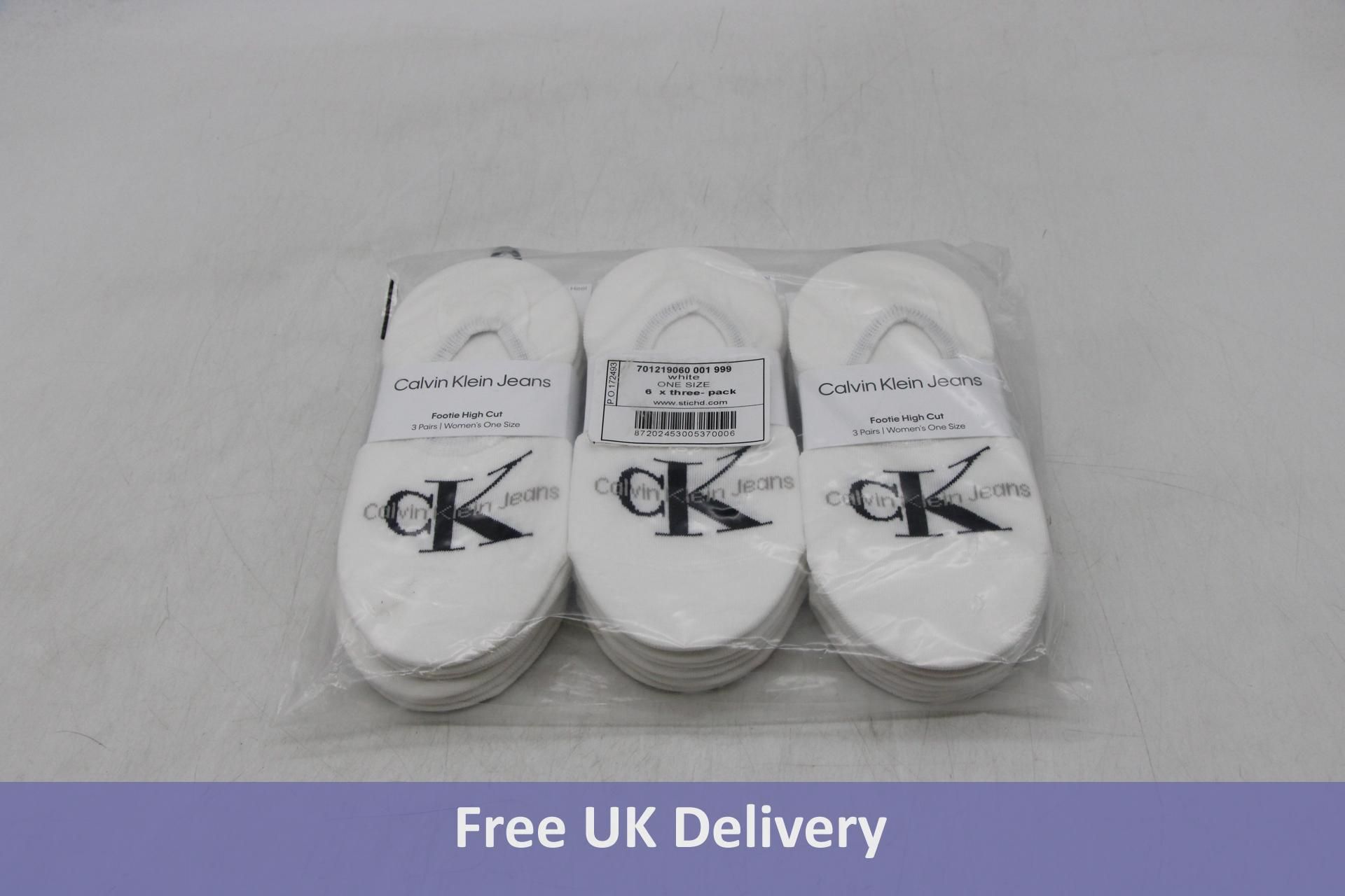 Six packs of Three Calvin Klein Women's Footie High Cut Trainer Socks, White, One Size