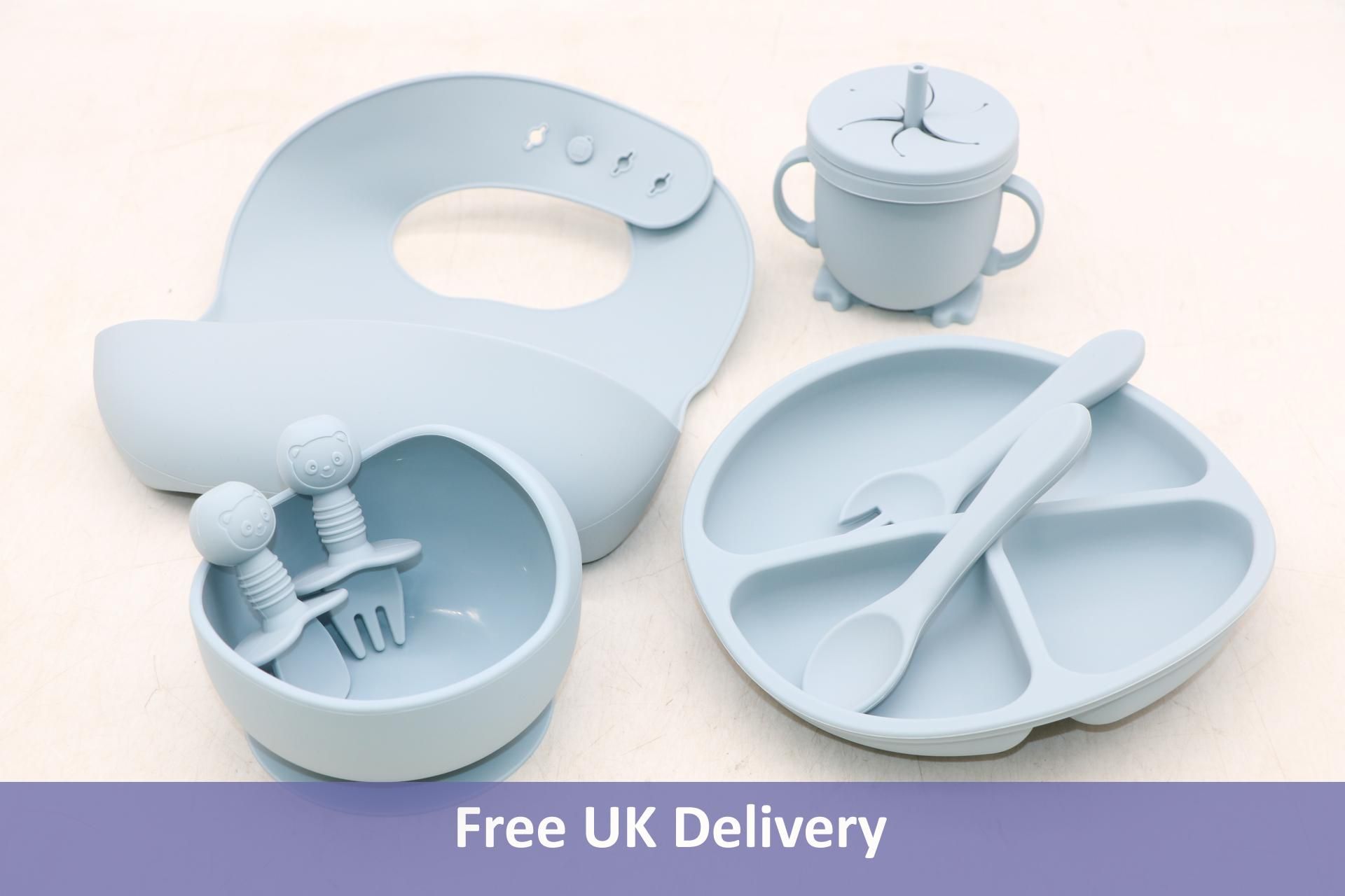 Five Baby Weaning 8 Piece Toddler Feeding Sets Made from Silicone, Pastel Blue