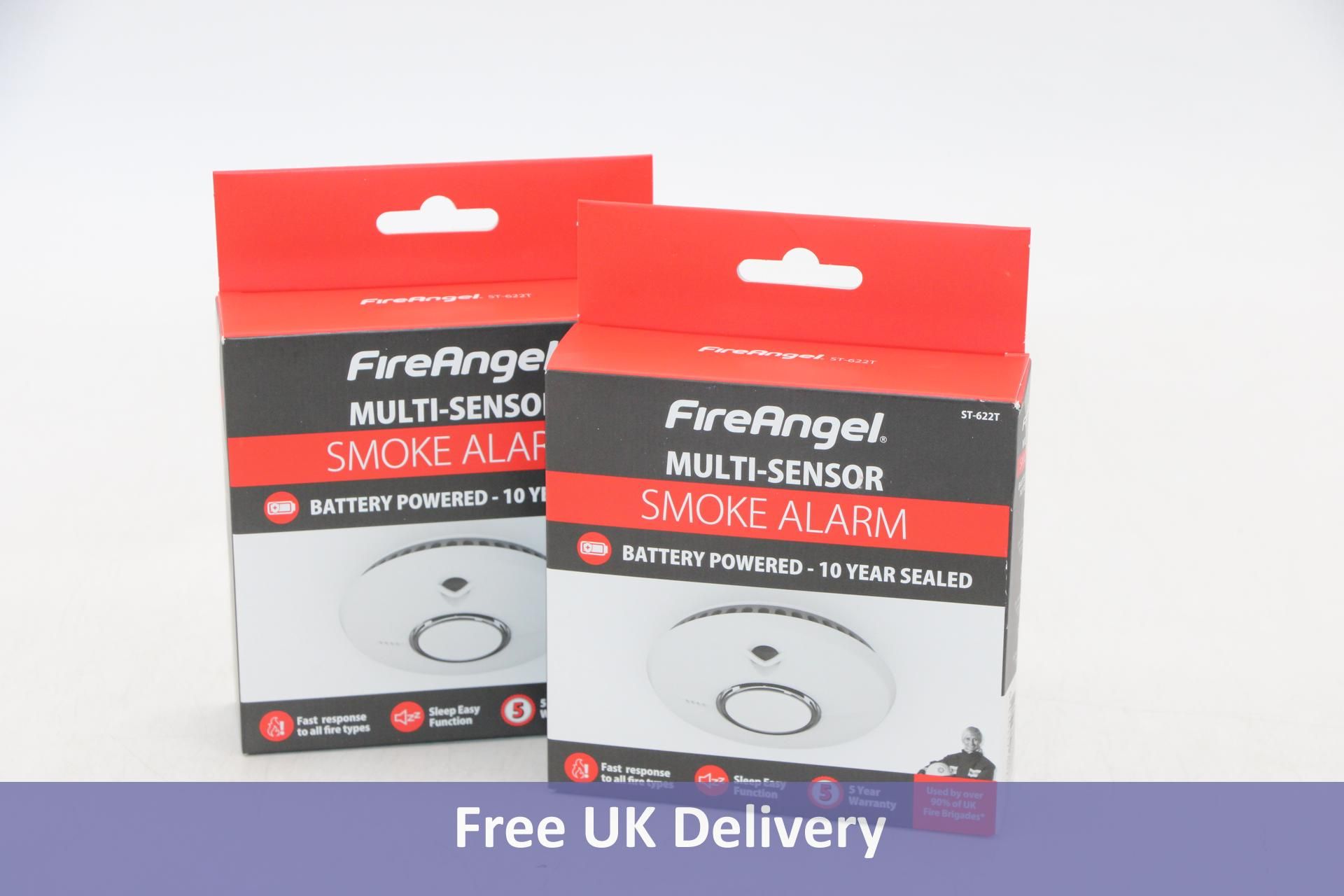 Two Fireangel ST-622T Multi-Sensor Smoke Alarms, Battery Powered, 10 Year Sealed, White/Black