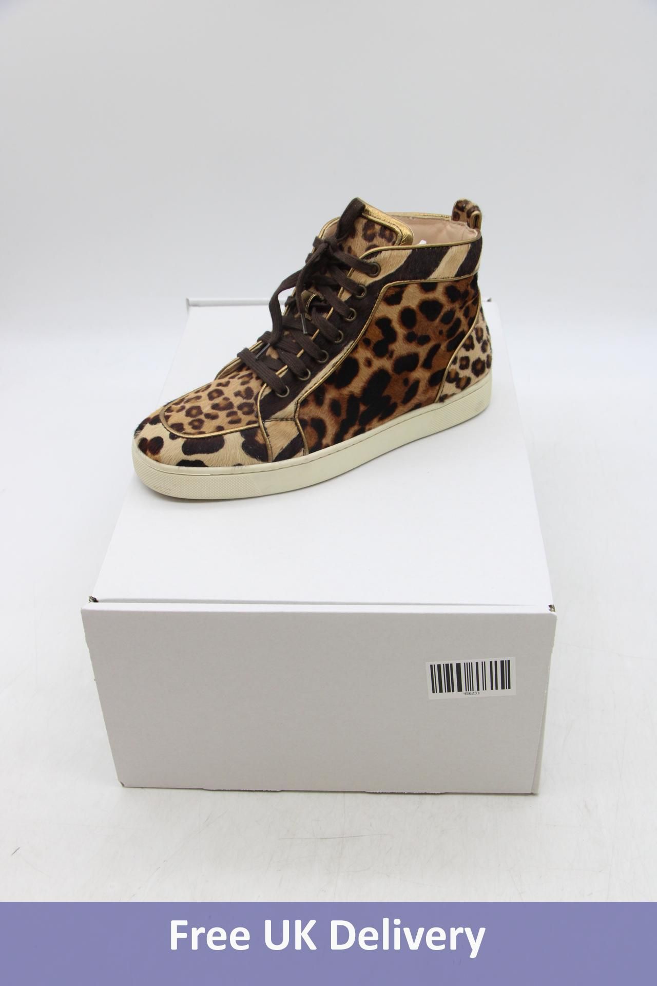 Christian Louboutin Rantus Orlato High top Sneakers, Leopard Pony Hair, Gold Trim, Size 38.5. Used,